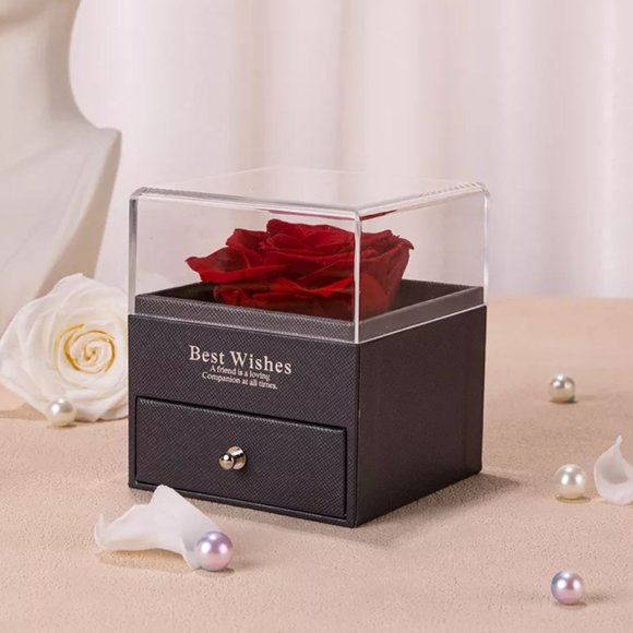 Preserved Rose In a Acrylic Box with Silver Plated April Birthstone Necklace - Picture 11 of 15